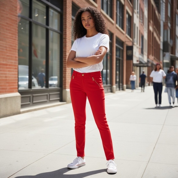 Michael Kors Pants Womens 6 Red Stretch Gold Zipper Pockets Skinny Leg - Picture 13 of 13